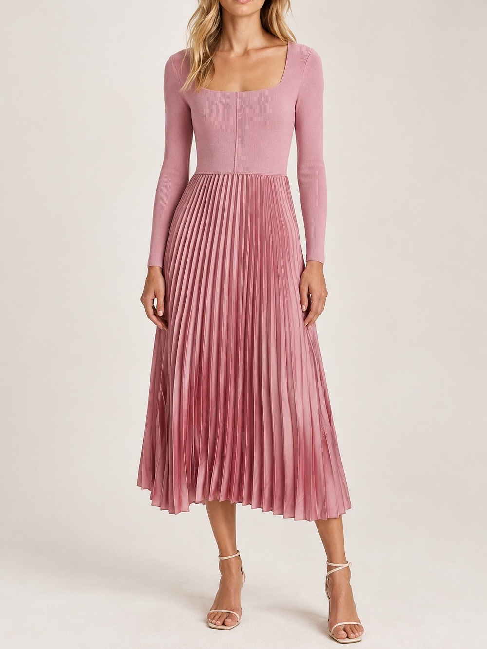 NWT Elie Tahari rose pink pleated square neck long sleeve midi dress